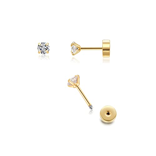 3mm Tiny CZ Screw on Flat Back Stud Earrings,Gold Plated Flat Back Cubic Zirconia Earrings for Helix Cartilage Tragus Earlobe Piercing Jewelry Gift for Women Men(3mm CZ, Gold)