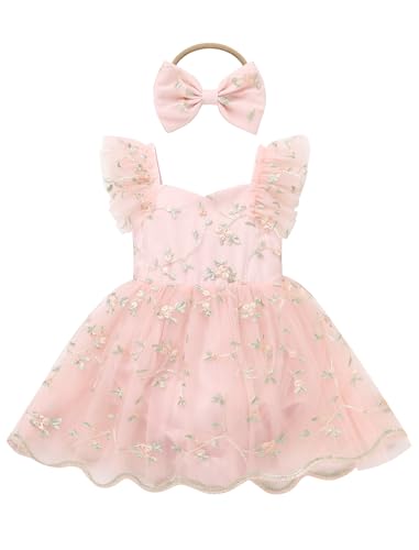 IDOPIP Floral Embroidered Baby Girl Romper Tutu Dress Princess Tulle Jumpsuit Headband Cake Smash 1st Birthday Party Outfit