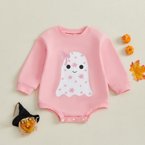 Newborn Boy Girl Halloween Outfit Flower Ghost Print Bodysuit Bow Sweatshirt Romper Halloween Clothes