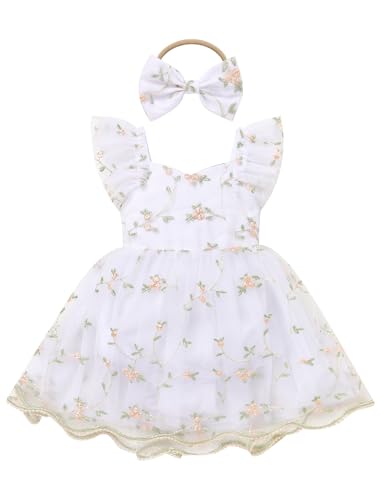 IDOPIP Floral Embroidered Baby Girl Romper Tutu Dress Princess Tulle Jumpsuit Headband Cake Smash 1st Birthday Party Outfit