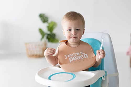 Pearhead Silicone Bib Set of 2, You're a Peach & Light Yellow Waterproof Bibs with Food Catcher, Adjustable Fit, Dishwasher Safe, Unisex Toddler Bib Set