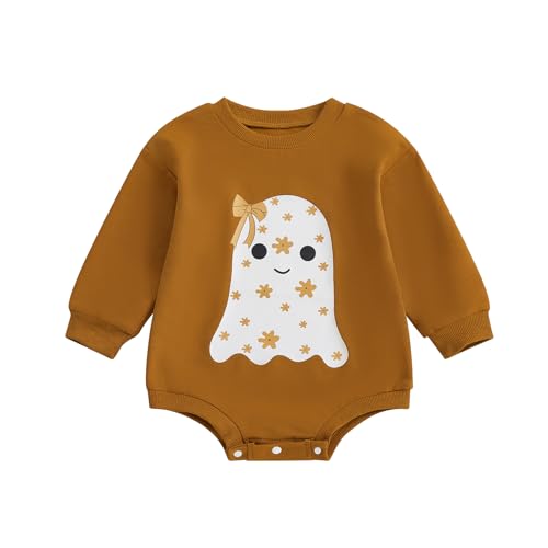 Newborn Boy Girl Halloween Outfit Flower Ghost Print Bodysuit Bow Sweatshirt Romper Halloween Clothes