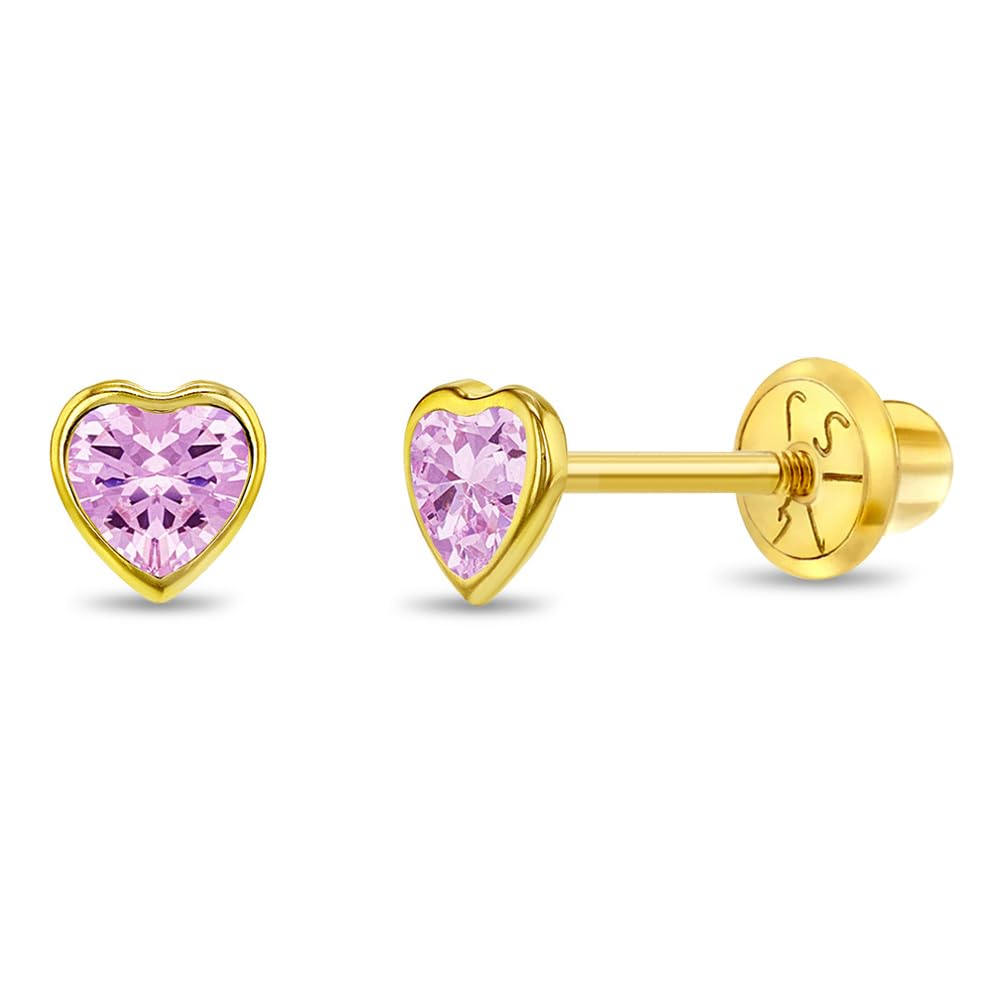 14k Yellow Gold 4mm Bezel Set Heart Cubic Zirconia Screw Back Earrings for Baby Girls, Toddlers and Young Girls - Cute Heart Earring Studs for Children with Locking Screw Backs for Kids
