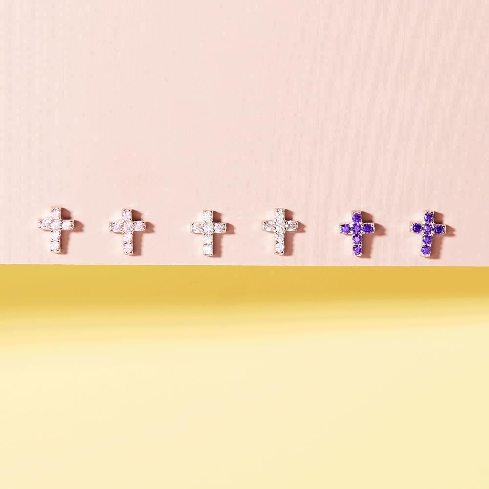 925 Sterling Silver Cubic Zirconia Little Cross Shape Stud Earrings with Safety Screw Back Lock for Toddlers, Little Girls, Pre-Teens & Teens - Christian Jewelry for Sweet & Loving Children