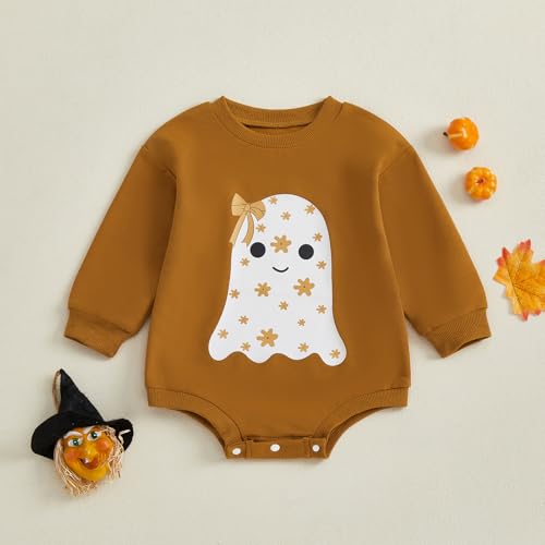 Newborn Boy Girl Halloween Outfit Flower Ghost Print Bodysuit Bow Sweatshirt Romper Halloween Clothes