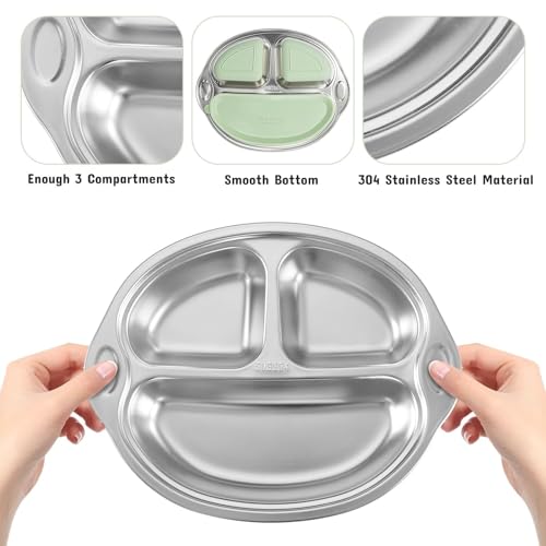 Mrs. Chou® Stainless Steel Baby Suction Plates Divided Designed for Babies and Toddlers, Made of 100% Food-Grade Materials Ideal for Baby-Led Weaning BPA-Free Toddler Feeding Supplies Dishwasher Safe