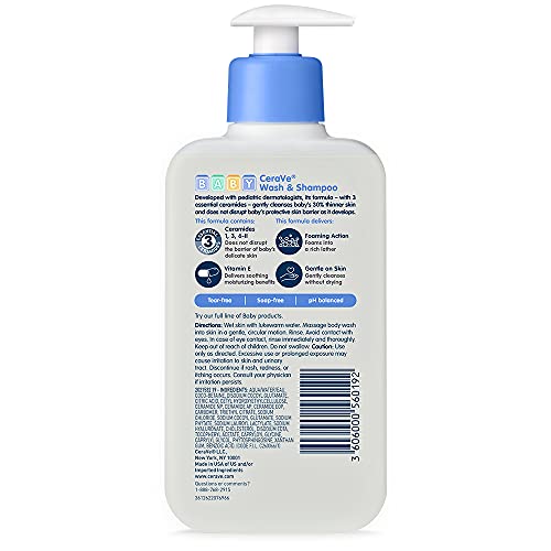 CeraVe Baby Wash & Shampoo, Fragrance, Paraben, & Sulfate Free Shampoo for Tear-Free Baby Bath Time, 8 Ounce