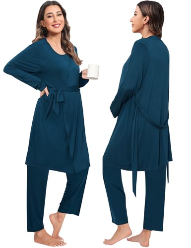 SWOMOG Maternity Nursing Robe Set 3 PCS Postpartum Breastfeeding Pajamas Hospital Pregnancy Pjs Double Layer Lounge Set