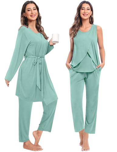 SWOMOG Maternity Nursing Robe Set 3 PCS Postpartum Breastfeeding Pajamas Hospital Pregnancy Pjs Double Layer Lounge Set