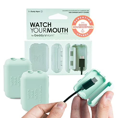 Geddy´s Mom Watch Your Mouth USB Charger Protector Award-Winning Baby Proof Cord Protector| BPA & Phthalate-Free Charger Protector | Electrical Safety Baby Products (3-Pack, White)