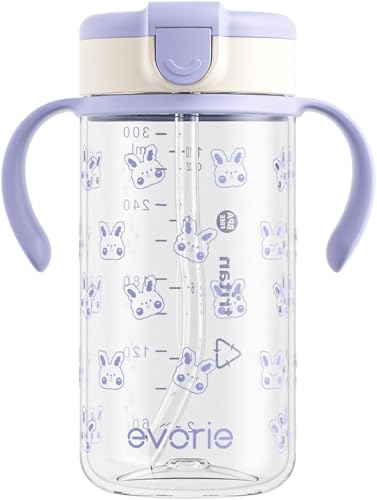 Evorie Tritan Spill Proof Toddler Straw Sippy Cup, 10 oz for Baby and Toddlers 1-3 Years Old, No Spill Straw Water Bottle with Removable Handles, Ideal for School, BPA-Free, Pink Rabbit