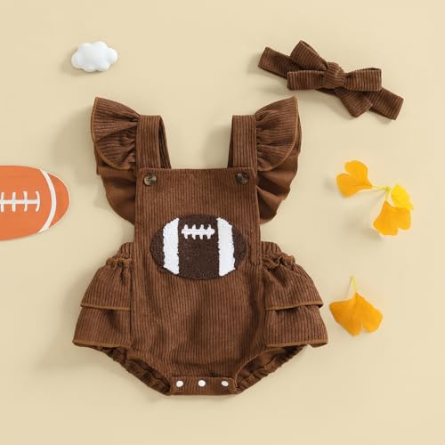Football Baby Girl Outfit Embroidery Football Romper Ruffle Sleeve Corduroy Bodysuit Overalls Game Day Clothes