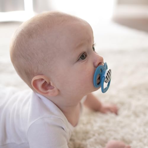 Dr. Brown's Advantage Glow-in-the-Dark Baby Pacifier, Fully Symmetrical Soother with Soft Silicone Bulb, Scooter Squirrel-Purple Nature, 6-18m, BPA Free, 4 Pack