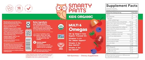 SmartyPants Kids Multivitamin Gummies: Omega 3 Fish Oil (EPA/DHA), Vitamin D3, C, Vitamin B12, B6, A, K & Zinc for Immune Support, Biotin, Gluten Free, Three Fruit Flavors, 120 Count (30 Day Supply)