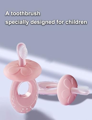 Baby Toothbrush & Teether, Silicone Teething Relief, Baby Tongue Cleaner, Extra Soft Bristle Toddler Training Toothbrush with Storage case, BPA Free, Adjustable Safety Shield - Pink
