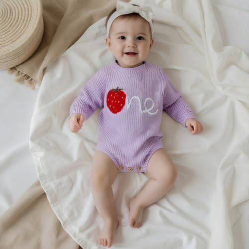 Baby Girl First Birthday Outfit One Year Old Strawberry Embroidery Knit Sweater Romper Warm Fall Winter Clothes