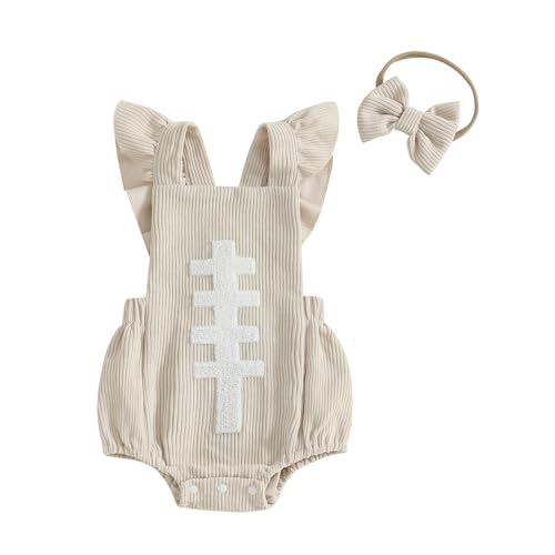 Football Baby Girl Outfit Embroidery Football Romper Ruffle Sleeve Corduroy Bodysuit Overalls Game Day Clothes