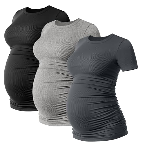 Ficerd 3 Pack Women's Maternity Shirts Cotton Short Sleeve Pregnancy Tops Side Ruched Ribbed Casual Mama tees Clothes