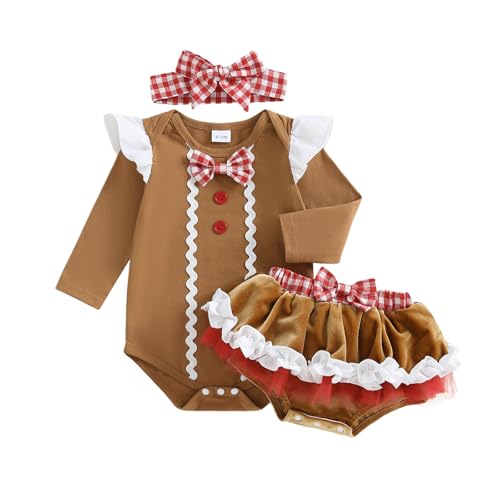 Baby Girl Christmas Outfit Gingerbread Ruffle Romper with Tutu Mini Skirt Shorts and Headband Set Fall Clothes