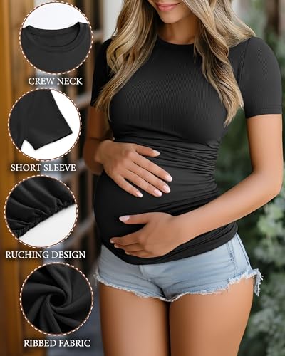 Ficerd 3 Pack Women's Maternity Shirts Cotton Short Sleeve Pregnancy Tops Side Ruched Ribbed Casual Mama tees Clothes