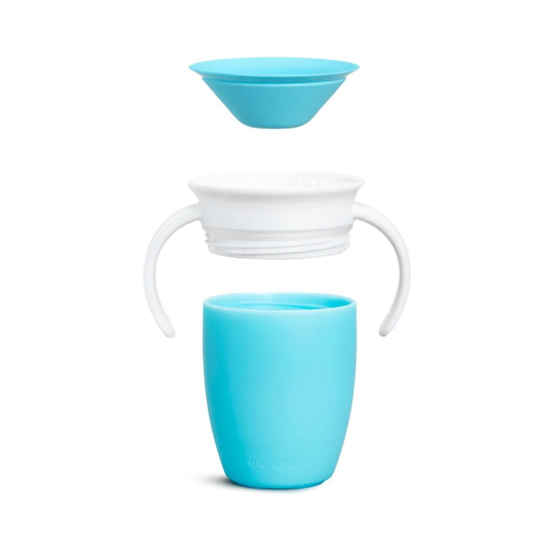 Munchkin Sippy Cup for 6 Month Old and Up, Spill Proof Miracle 360 Toddler Cups with Transition Handles, 7 Ounce, 2 Pack, Blue/Green