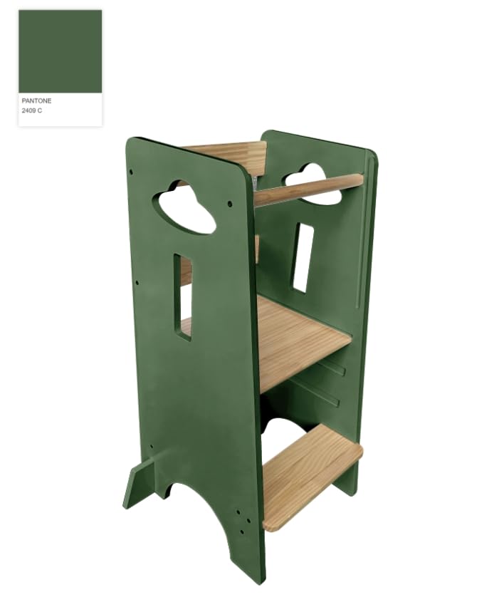 COSYLAND Toddler Standing Tower Adjustable Height - Super Stable Kids Kitchen Stool Helper - 3 Levels Adjustable Wooden Toddler Kitchen Stool (Natural & Navy Blue)
