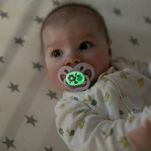 Dr. Brown's Advantage Glow-in-the-Dark Baby Pacifier, Fully Symmetrical Soother with Soft Silicone Bulb, Scooter Squirrel-Purple Nature, 6-18m, BPA Free, 4 Pack