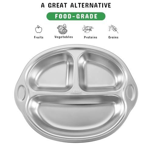 Mrs. Chou® Stainless Steel Baby Suction Plates Divided Designed for Babies and Toddlers, Made of 100% Food-Grade Materials Ideal for Baby-Led Weaning BPA-Free Toddler Feeding Supplies Dishwasher Safe