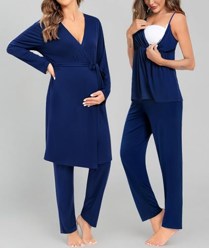 SWOMOG Maternity Nursing Robe Set 3 Piece Breastfeeding Pajamas 3 in 1 Labor Delivery Sleevless Tops&Long Pants Pregnancy Pjs