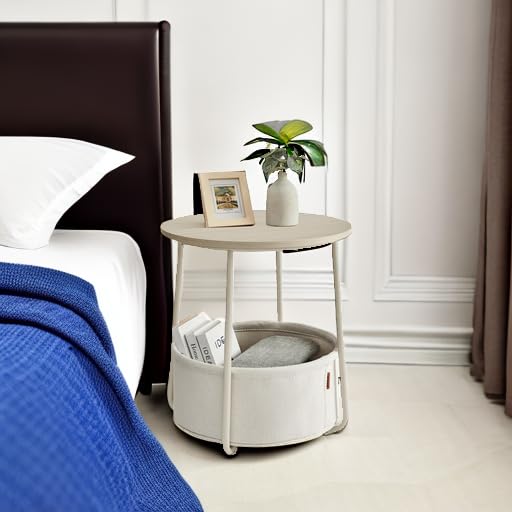 VASAGLE End Table, Small Bedside Table with Fabric Basket, Modern Nightstand, Round Side Table, for Living Room, Bedroom, Matte White and Camel Brown ULET223W10