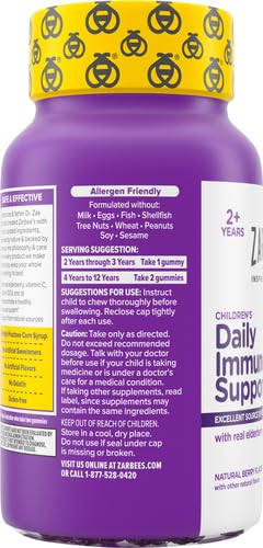 Zarbee's Children's Daily Immune Support Gummies with Real Elderberry + Vitamins A, C, D, E & Zinc to Help Promote a Healthy Immune System, No Artificial Flavors, Gluten-Free, 42 ct