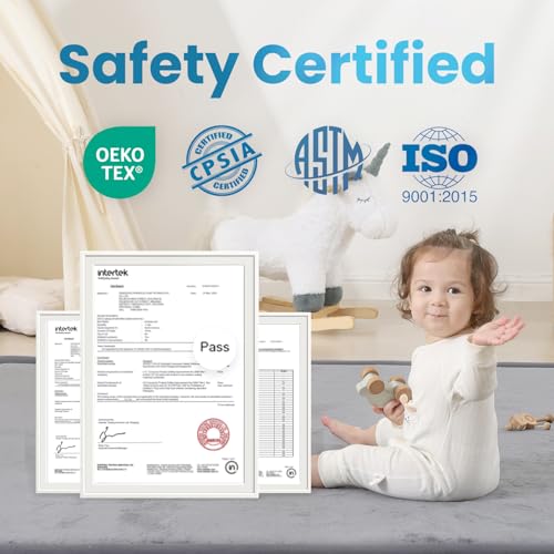 1.3" Thick Baby Play Mat,Ultra Soft Elasti-Foam 50×50 Playpen Mat for Tummy Time,Water-Repellent Coral Fleece Nursery Rug for Infants,Toddlers,Kids,Non-Slip Safe for Crawling(Light Grey)