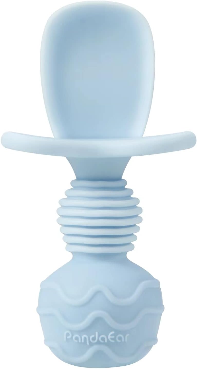 PandaEar 4 Pack Silicone Baby Spoons and Fork Feeding Set- Anti-Choke First Self Feeding Utensils for Baby Led Weaning Ages 3 Months (Cyan+Blue)