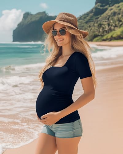 Huukeay 4 Pack Women's Maternity Shirts Cotton Ribbed Short Sleeve Square Neck Pregnancy Tops Side Ruched Summer Tee