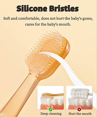 FOKiiBO Baby Silicone Toothbrush Set, Toothbrush + Tongue Brush + Toothbrush + Finger Toothbrush with Cup for Training Teething, 0-18M Infant Toddler Newborn Baby Teeth Brushes (Yellow)