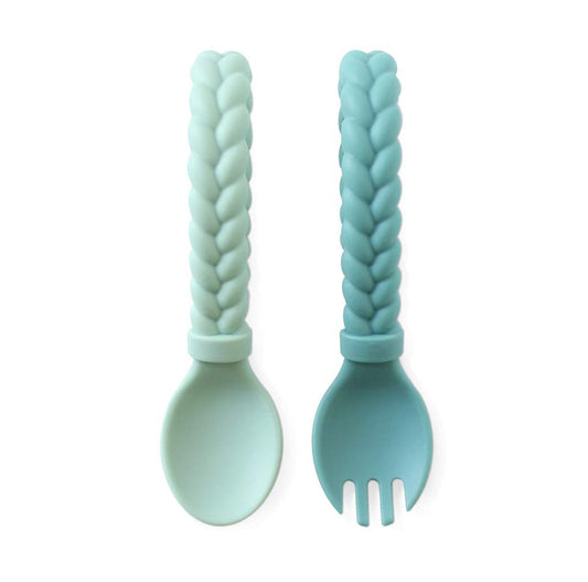 Itzy Ritzy Silicone Spoon & Fork Set; Baby Utensils Featuring a Baby Fork and Spoon with Looped, Braided Handles - Made of 100% Food Grade Silicone & BPA-Free - Ages 6 Months and Up (Pink)