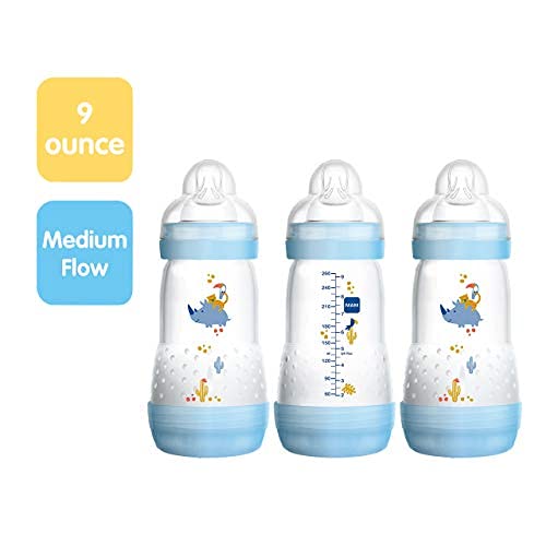 MAM 9oz Easy Start Anti-Colic Baby Bottles, Medium Flow, Breastfeeding-Like Silicone Nipple Bottle, Reduces Colic, Gas, & Reflux, Easy-to-Clean, BPA-Free, Colors May Vary