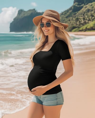 Huukeay 4 Pack Women's Maternity Shirts Cotton Ribbed Short Sleeve Square Neck Pregnancy Tops Side Ruched Summer Tee