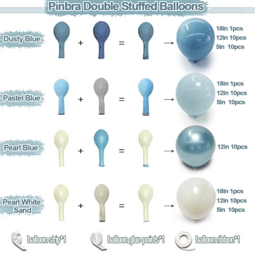 Dusty Blue Balloon Garland Double Stuffed Slate Pastel Blue White Sand Pearl Balloon Arch Kit for Baby Shower Birthday Bridal Shower Wedding Graduation Party Decorations