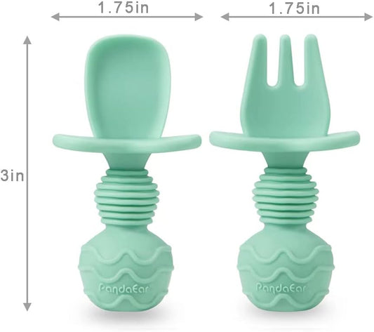 PandaEar 4 Pack Silicone Baby Spoons and Fork Feeding Set- Anti-Choke First Self Feeding Utensils for Baby Led Weaning Ages 3 Months (Cyan+Blue)