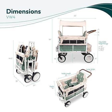 WONDERFOLD W4 Luxe Quad Stroller Wagon Featuring 4 High Face-to-Face Seats with Magnetic Buckle 5-Point Harnesses and Adjustable/Removable UV-Protection Canopy, Hunter Green