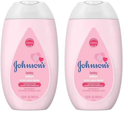 Johnson's Moisturizing Mild Pink Baby Lotion with Coconut Oil for Delicate Baby Skin, Dye-Free, Hypoallergenic & Dermatologist-Tested, Baby Skin Care, 13.6 fl. oz