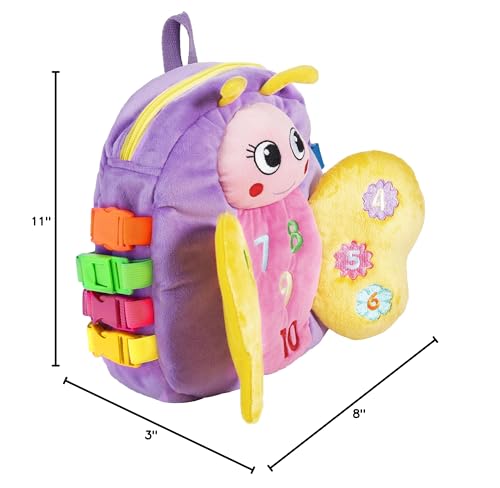 Buckle Toys Blossom Butterfly Toddler Backpack with Buckles and Toddler Learning Activities and Sensory Toys for Toddlers 1-3, Travel Essentials & Road Trip Activities for Fine Motor Skill Development