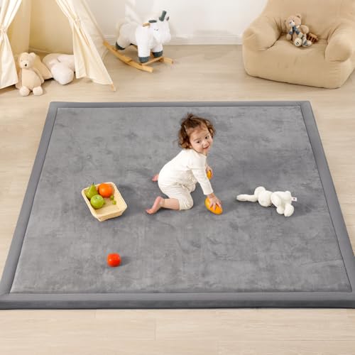 1.3" Thick Baby Play Mat,Ultra Soft Elasti-Foam 50×50 Playpen Mat for Tummy Time,Water-Repellent Coral Fleece Nursery Rug for Infants,Toddlers,Kids,Non-Slip Safe for Crawling(Light Grey)