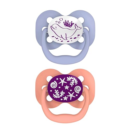 Dr. Brown's Advantage Glow-in-the-Dark Baby Pacifier, Fully Symmetrical Soother with Soft Silicone Bulb, Lavender Love-Coral Ocean, 0-6m, BPA Free, 4 Pack