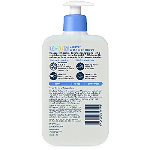 CeraVe Baby Wash & Shampoo, Fragrance, Paraben, & Sulfate Free Shampoo for Tear-Free Baby Bath Time, 8 Ounce