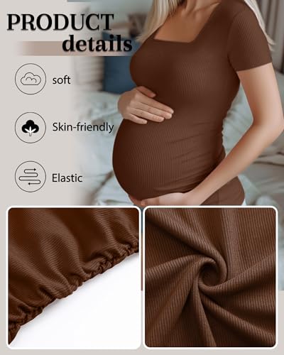 Huukeay 4 Pack Women's Maternity Shirts Cotton Ribbed Short Sleeve Square Neck Pregnancy Tops Side Ruched Summer Tee