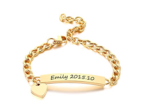 Personalized Baby Bar Bracelet : 18K Gold Plated Custom Name ID Plate Bracelet for Children Toddler from Mom, Engraved Kid Name for Daughter Son, New Born Birthday Gift,Adjustable,Nickel free