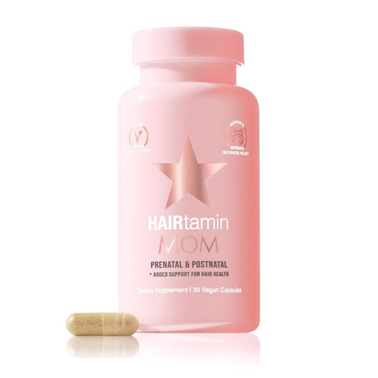 HAIRtamin MOM Vegan Prenatal & Postnatal Multivitamin Supplement & Hair Vitamin Pregnancy, Postpartum, Breastfeeding Probiotic One-a-Day Hair Vitamins with Biotin, Zinc, Iron (30 Counts)