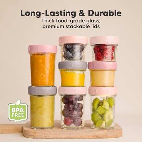 KeaBabies 4pk 8oz & 4pk 4oz Glass Baby Food Containers with Lids - Leak-Proof,Microwavable Small Glass Jars,Baby Purees & Toddler Snack Storage Containers,BPA-Free,Dishwasher & Freezer Safe(Musk Dusk)